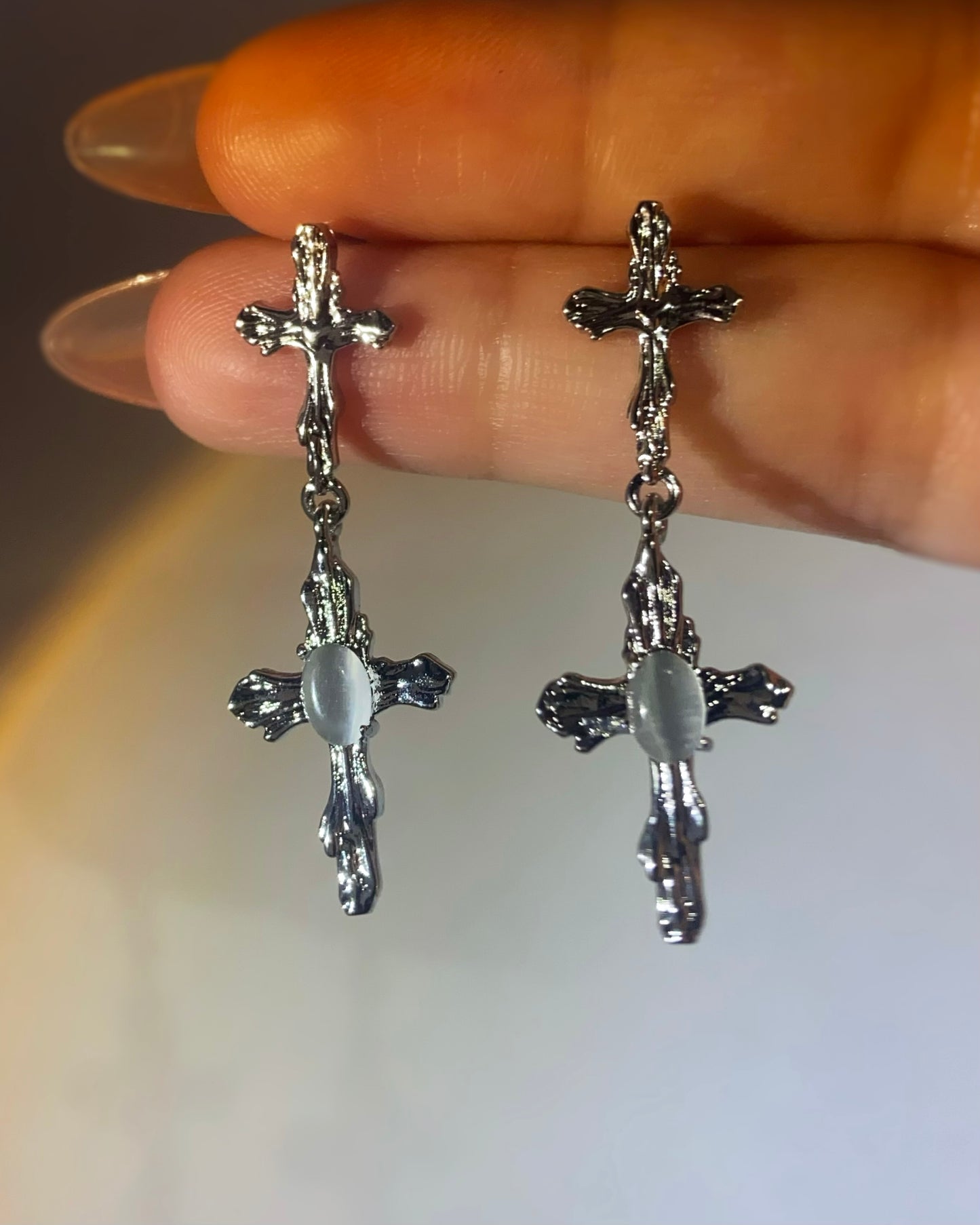 White Moonstone Cross Dangle Earrings | ☾096