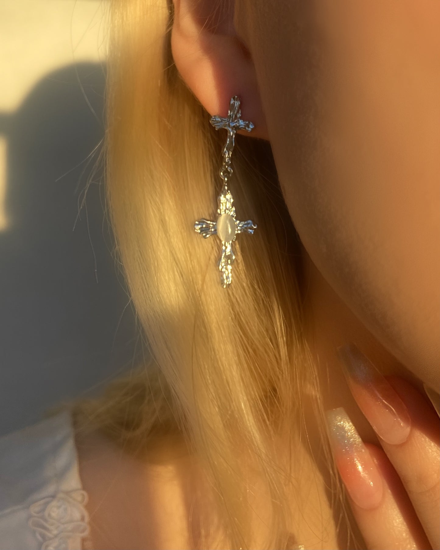 White Moonstone Cross Dangle Earrings | ☾096