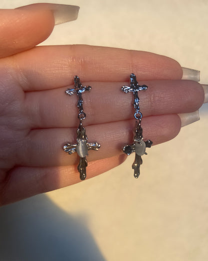 White Moonstone Cross Dangle Earrings | ☾096