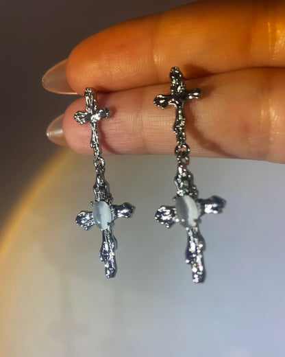 White Moonstone Cross Dangle Earrings | ☾096